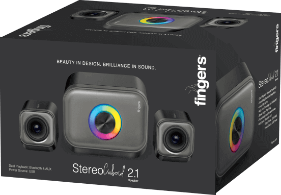 Attactive Packaging Of FINGERS StereoCuboid 2.1 Speaker Kept On Organised Desk